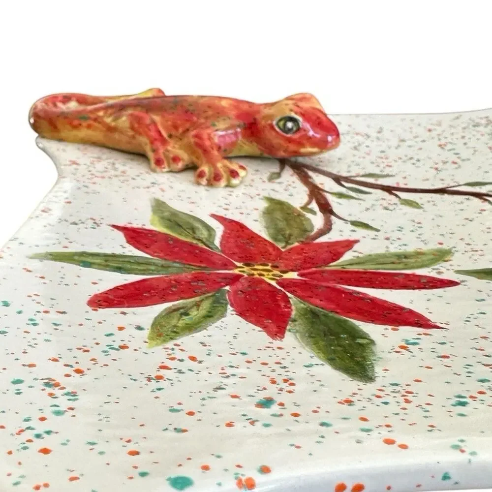Vintage Handmade Serving Plate Poinsettia And 3D Lizard Design Speckled Signed